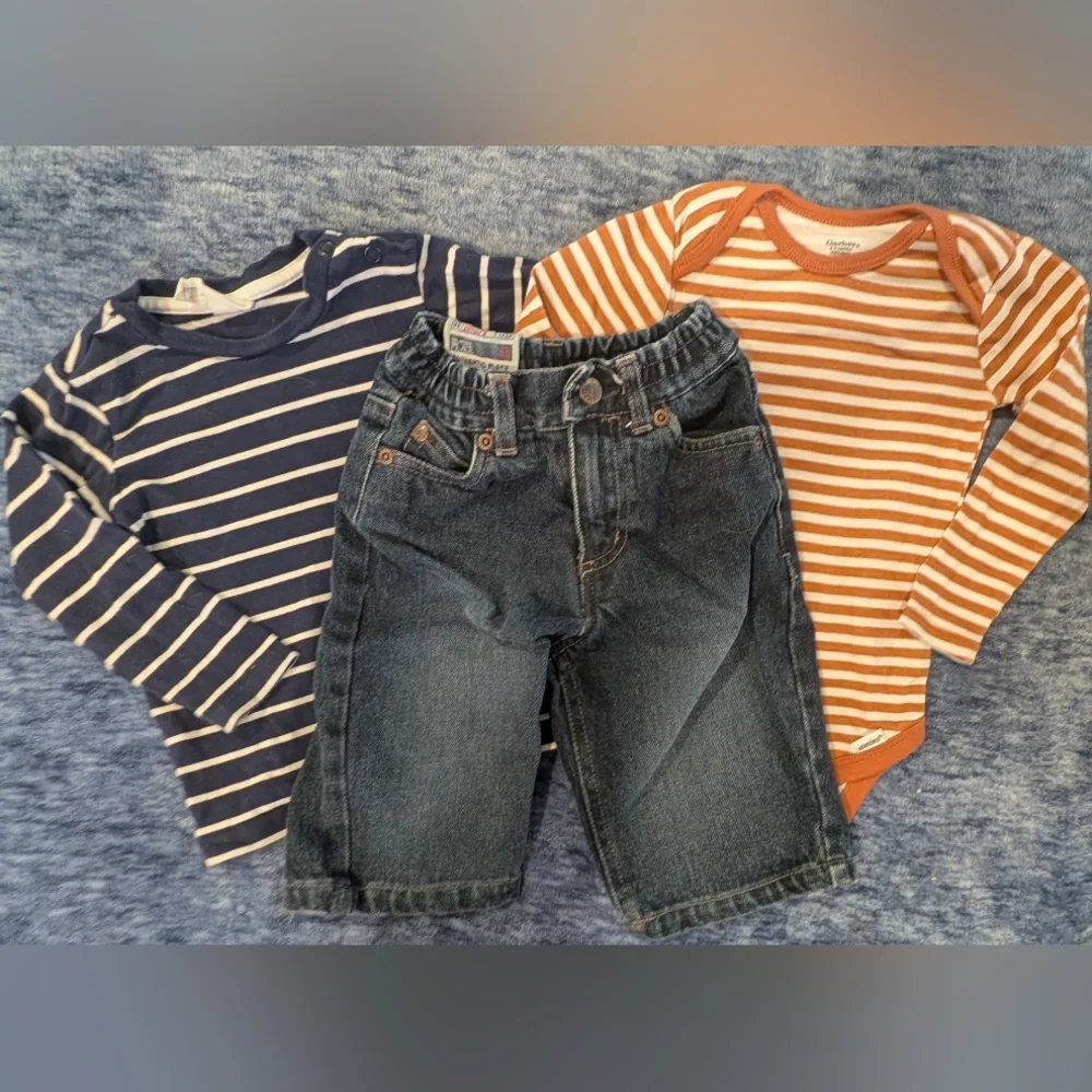 The Children's Place 6-9M Orange and Navy Striped Set with Denim Jeans